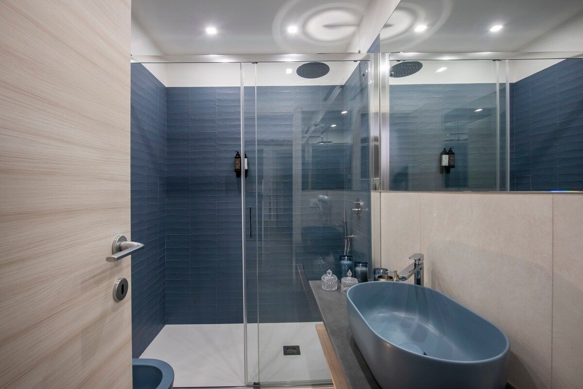 Shower and blue basin